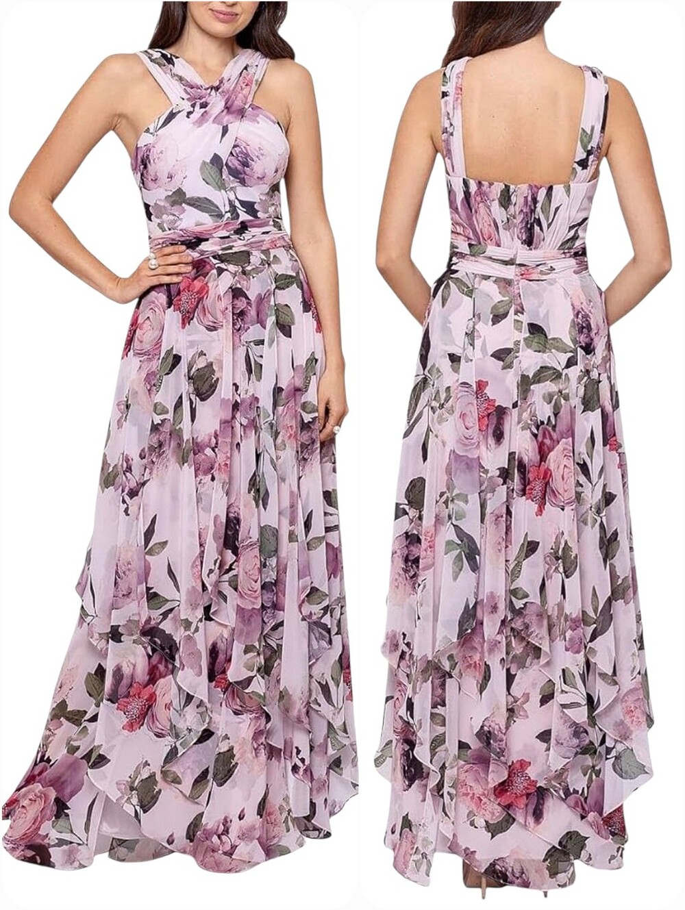 Xscape Long Floral Formal Halter Gown maxi Dress 16 Chiffon Pink Wedding Guest